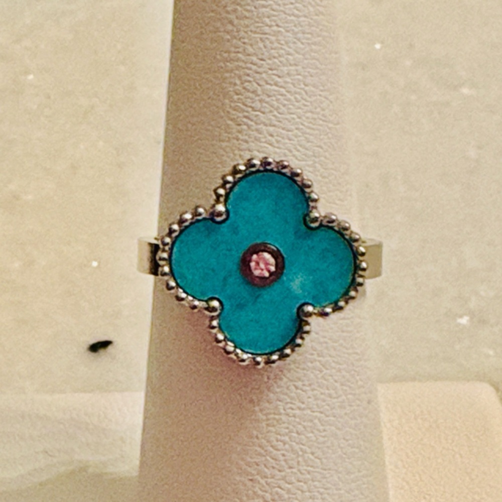 NEW Ring 18k White Gold Plated Turquoise Flower Faux Diamond ONE Size Adjust.